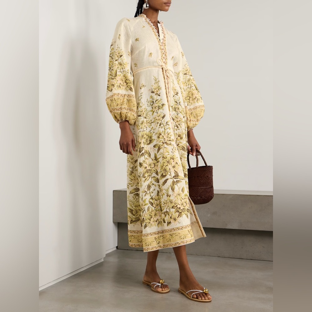 NWT Zimmermann Golden Floral Long Sleeve Buttons Linen Dress 2 US8
